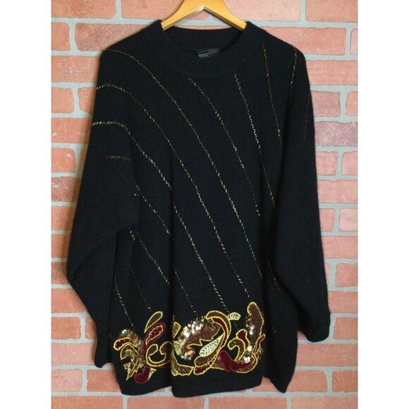 VTG Lady Angenie Women Sweater Lambswool Sequin Bead Embroidery Knit Black SZ 1X - Picture 1 of 6